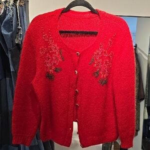 Vintage hand made Red Women's Sweater cardigan crew neck with fancy buttons